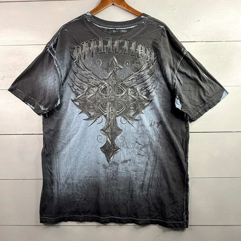 Affliction T Shirt Mens 3XL Blue Black Cross Graphic Wings Y2K Biker MMA Tee